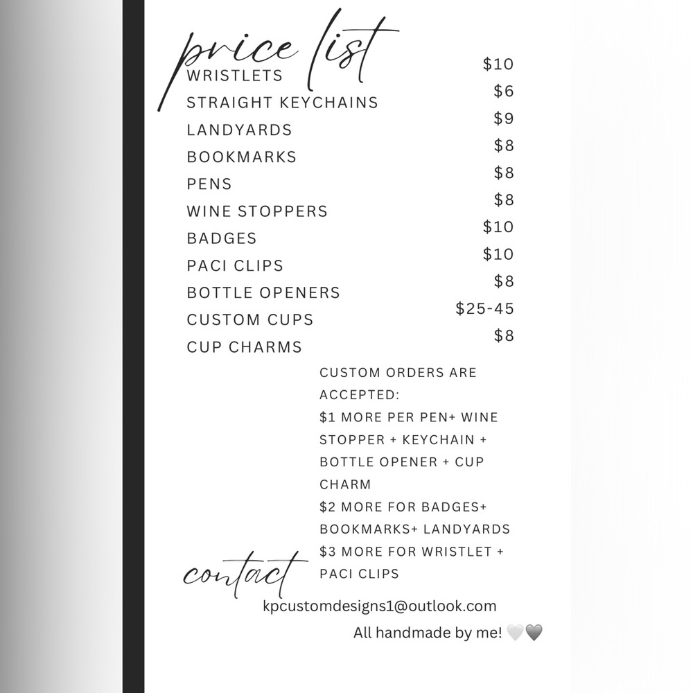 prices / live flyer for handmade items!